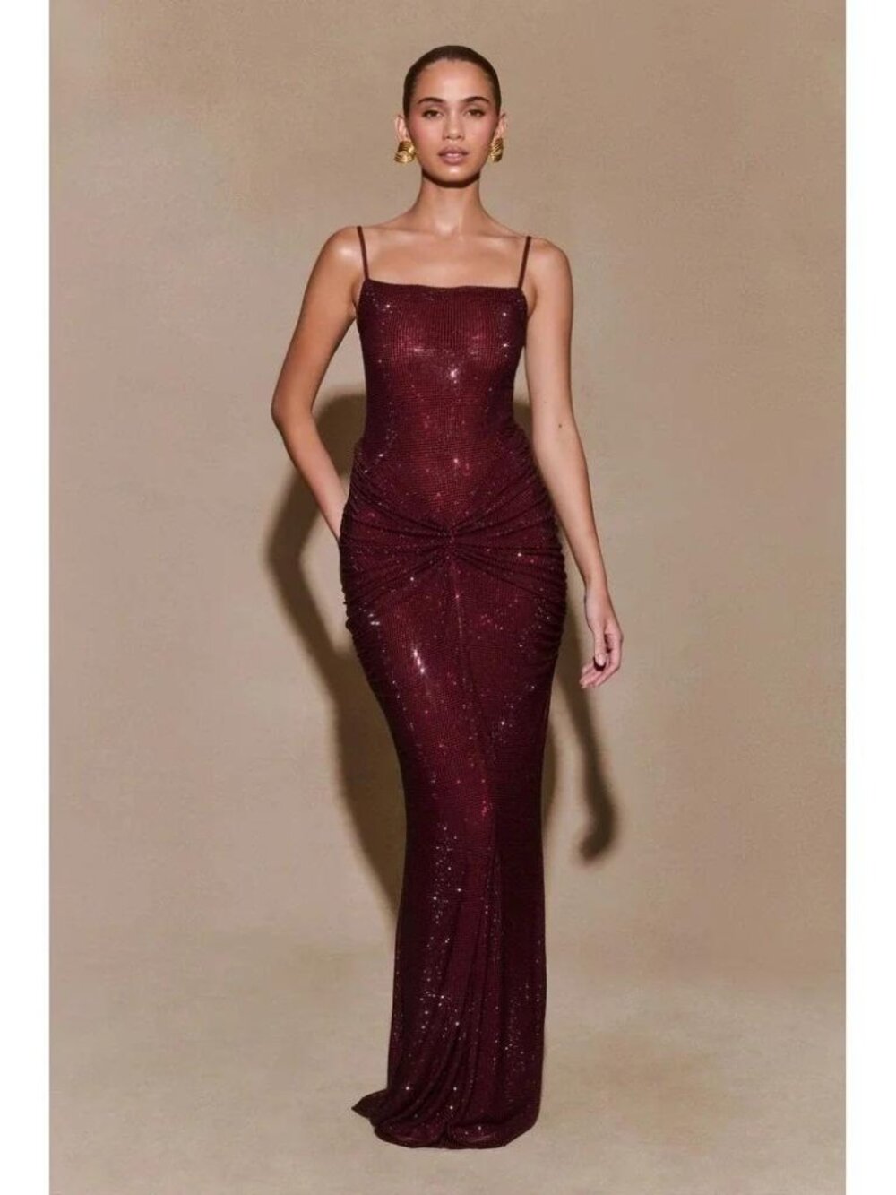 NWOT MESHKI- Roisin Diamante Glass Rhinestone Maxi Dress - Mahogany S